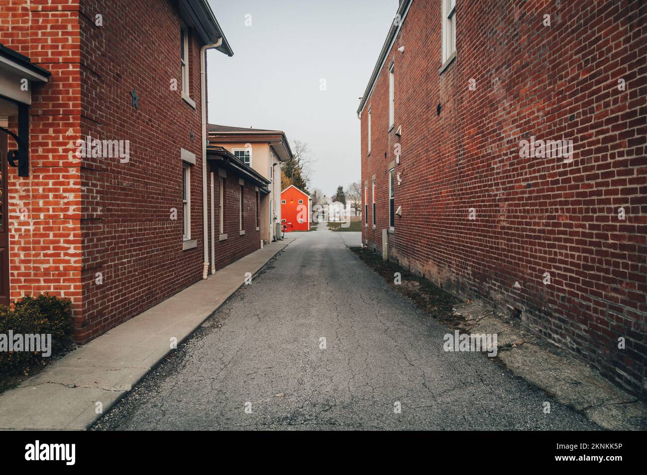 A road surrounded by brick buildings in Canal Winchester, Ohio, USA