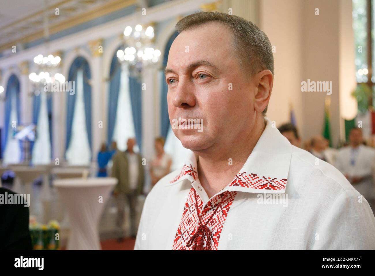 The Minister of Foreign Affairs of the Republic of Belarus Vladimir Makei (or Uladzimir Makiej) wearing a vyshyvanka, a traditional Belarusian embroidered shirt, answers journalists during the event called In Belarus Like At Home, organized by his Ministry for foreign diplomats. Vladimir Vladimirovich Makei (or Uladzimir Makiej) died in Minsk on November 26, 2022. He was 64 years old. There is no information that he had a chronic illness. Belarusian authorities did not state his cause of death. Makei served as the Minister of Foreign Affairs of Belarus from 2012 till his death in 2022. Since 2 Stock Photo