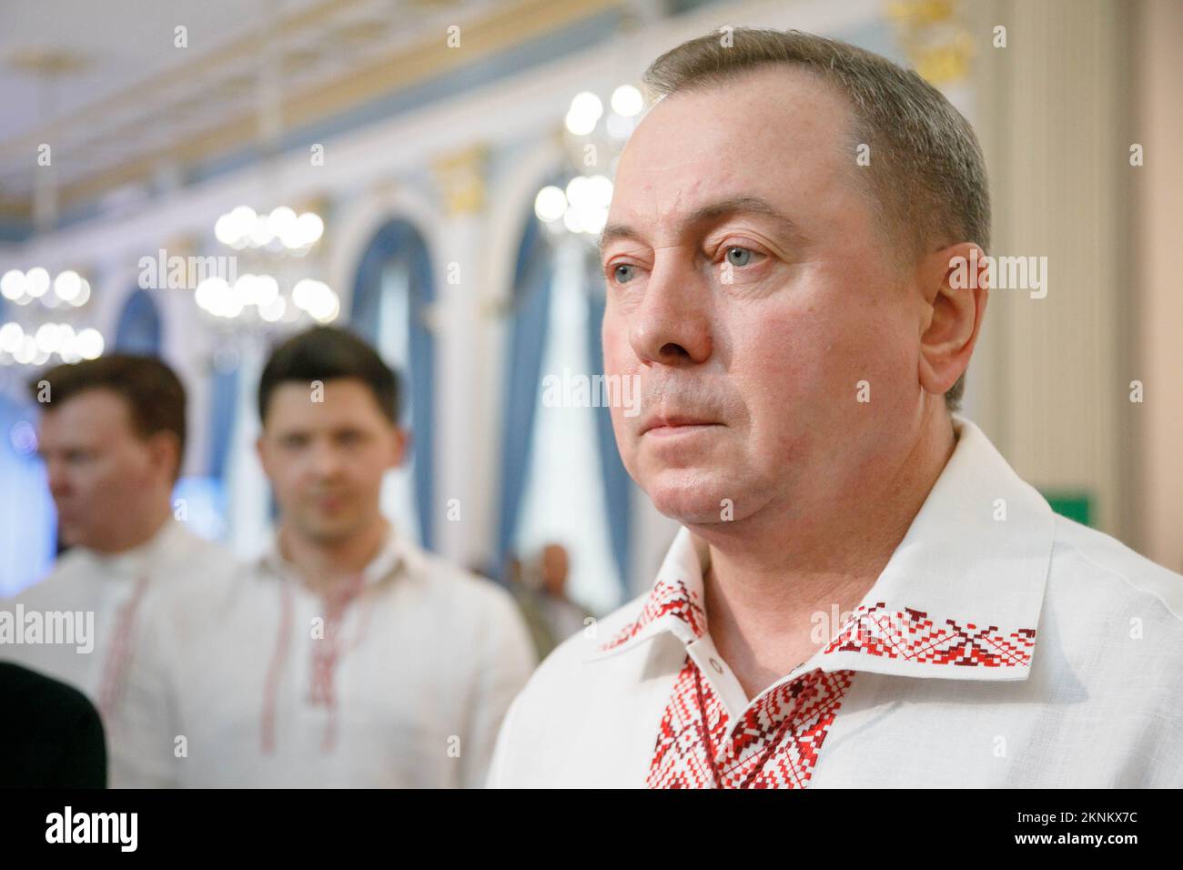 The Minister of Foreign Affairs of the Republic of Belarus Vladimir Makei (or Uladzimir Makiej) wearing a vyshyvanka, a traditional Belarusian embroidered shirt, looks at the journalists during the event called In Belarus Like At Home, organized by his Ministry for foreign diplomats. Vladimir Vladimirovich Makei (or Uladzimir Makiej) died in Minsk on November 26, 2022. He was 64 years old. There is no information that he had a chronic illness. Belarusian authorities did not state his cause of death. Makei served as the Minister of Foreign Affairs of Belarus from 2012 till his death in 2022. Si Stock Photo