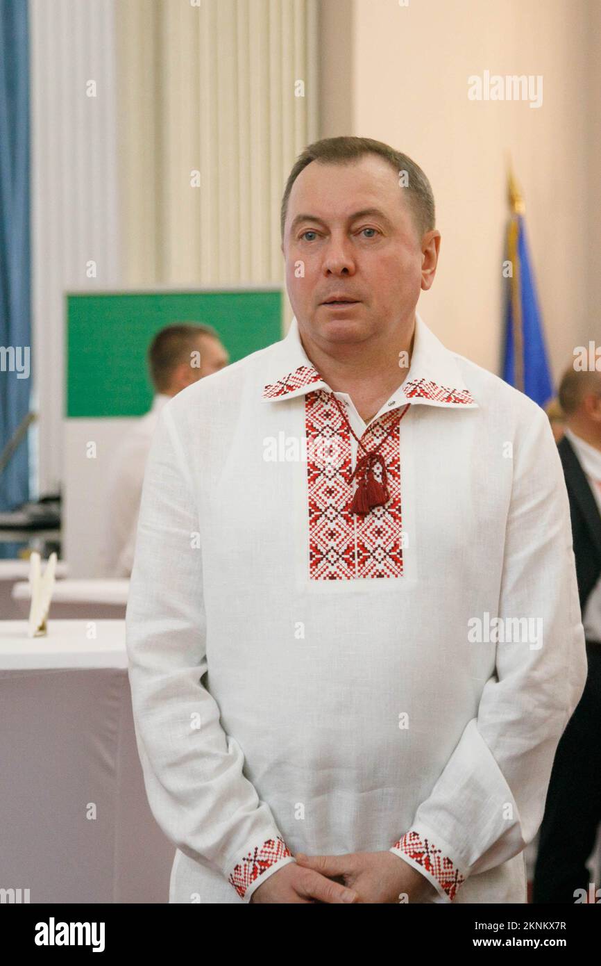The Minister of Foreign Affairs of the Republic of Belarus Vladimir Makei (or Uladzimir Makiej) wearing a vyshyvanka, a traditional Belarusian embroidered shirt, waits for guests at the event called In Belarus Like At Home, organized by his Ministry for foreign diplomats. Vladimir Vladimirovich Makei (or Uladzimir Makiej) died in Minsk on November 26, 2022. He was 64 years old. There is no information that he had a chronic illness. Belarusian authorities did not state his cause of death. Makei served as the Minister of Foreign Affairs of Belarus from 2012 till his death in 2022. Since 2015 he Stock Photo