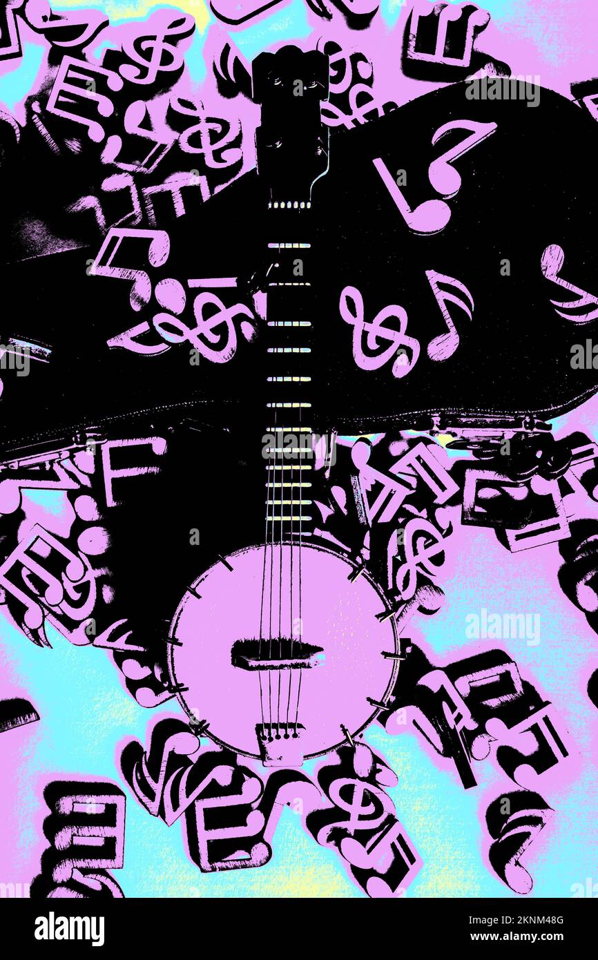 Posterized pop art music in western harmonics with banjo guitar and a