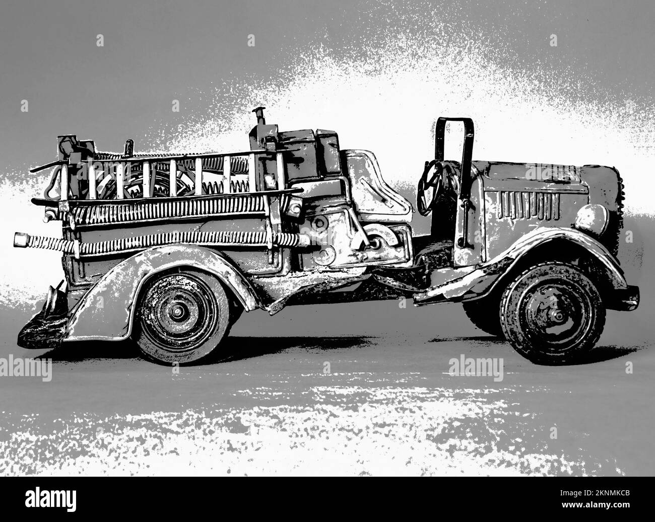 Vintage emergency vehicle in grungy black and white design. Old fire