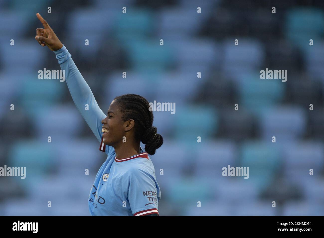 Manchester, UK. 27th Nov, 2022. Manchester City Academy Stadium, Manchester, Greater Manchester, 27th November 2022 The FA WomenÕs Continental Tyres League Cup Manchester City v Sunderland Khadija Shaw of Manchester City Women celebrates scoring a goal to make it 3-0 against Sunderland AFC Women. Credit: Touchlinepics/Alamy Live News Stock Photo