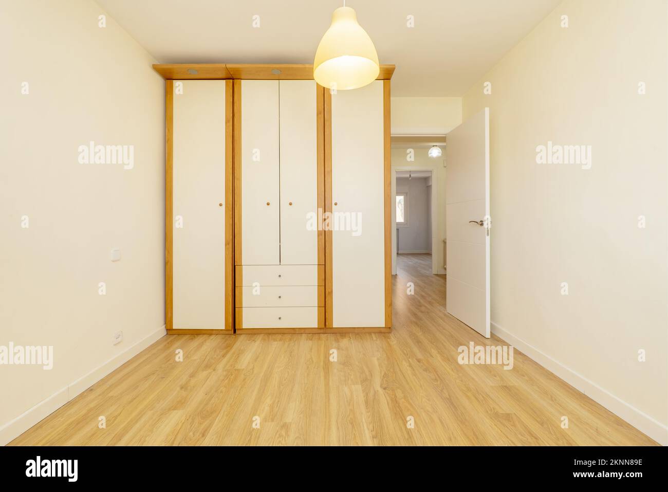 room with a builtin wardrobe with twotone wooden doors and drawers in