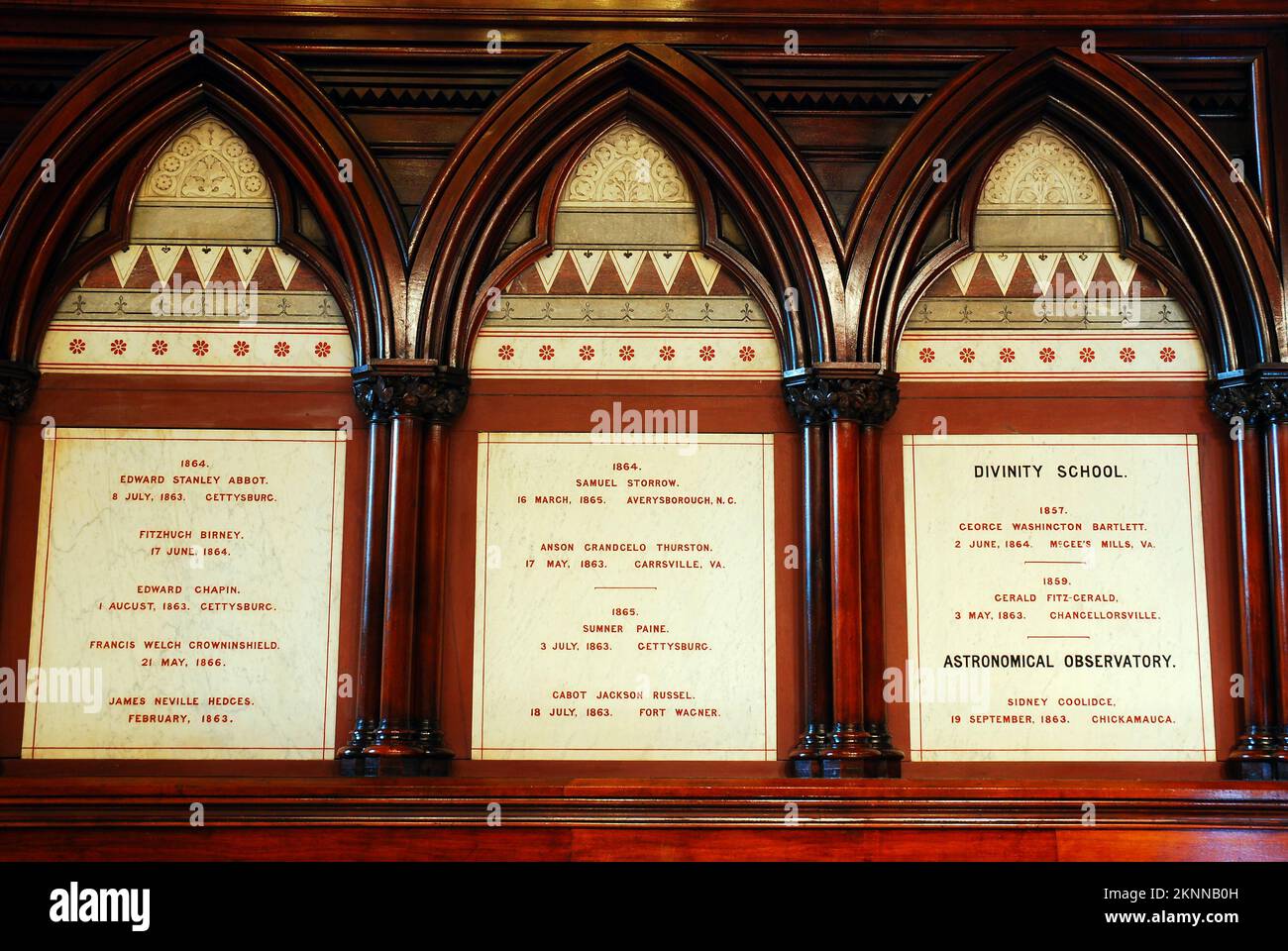 Memorial plaques on the wall at Memorial Hall in Harvard University