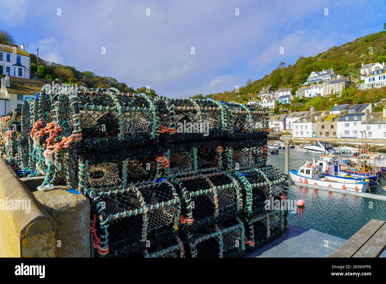 View of lobster traps in the fishing port of the village Polperro, in Cornwall, England, UK Stock Photo