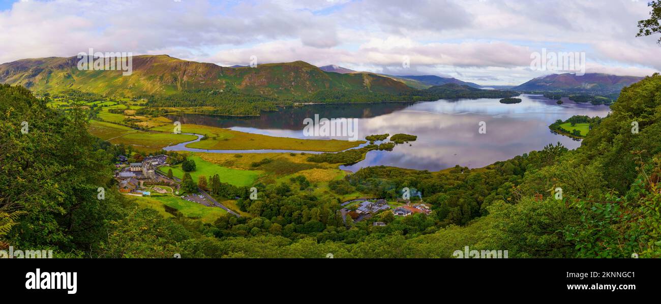 Panoramic view of River Derwent and Derwentwater lake, in the Lake District, Cumbria, England, UK Stock Photo