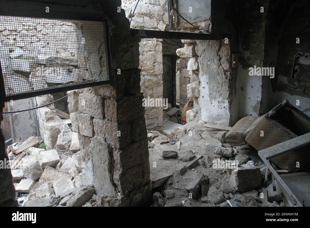 A view of the shelter in which armed Palestinians from the Lions' Den group were hiding in the old city of Nablus in the West Bank. The Israeli army forces destroyed it and assassinated the Palestinian gunmen who were in the shelter during their operation against these groups. Stock Photo