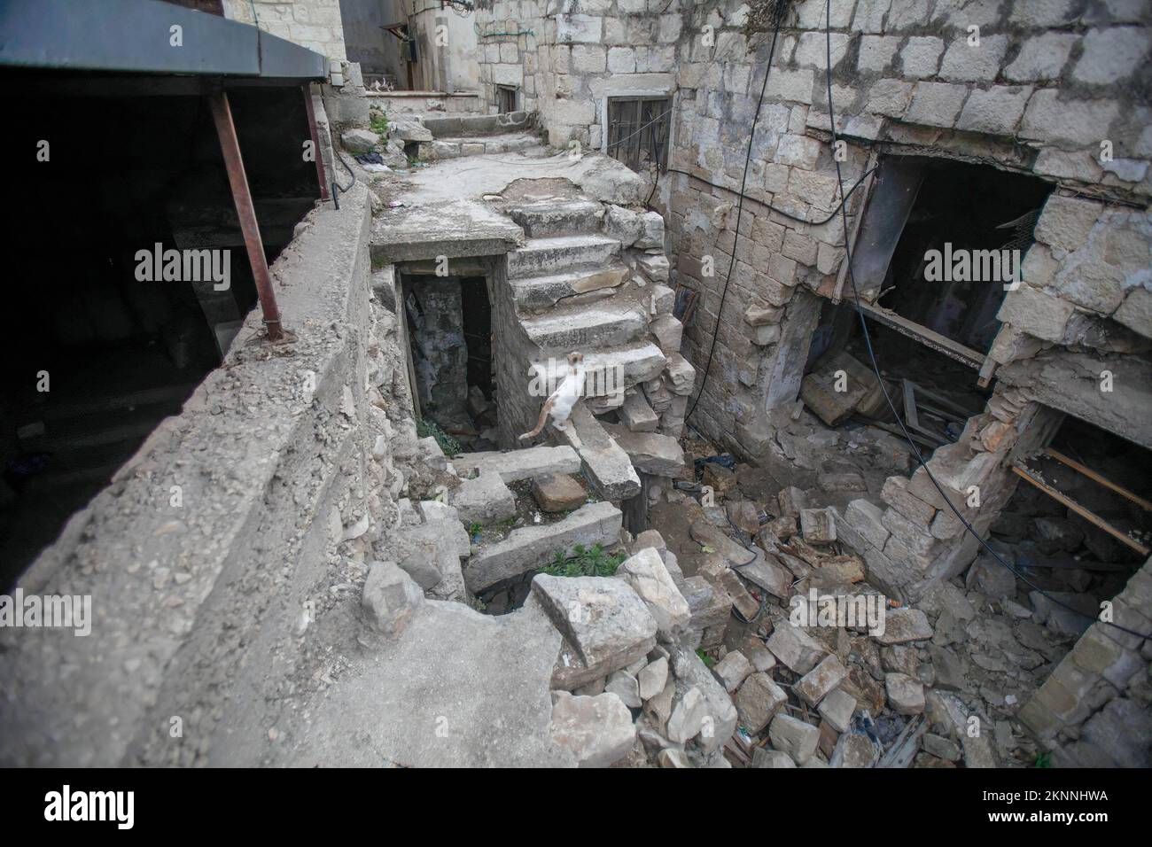 A view of the shelter in which armed Palestinians from the Lions' Den group were hiding in the old city of Nablus in the West Bank. The Israeli army forces destroyed it and assassinated the Palestinian gunmen who were in the shelter during their operation against these groups. Stock Photo