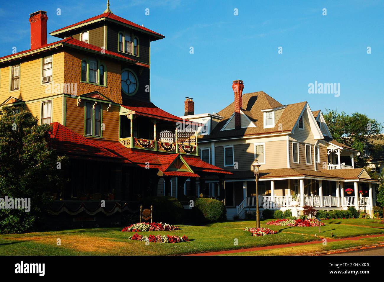 Ornate Victorian homes line the street along the Jersey Shore Stock ...