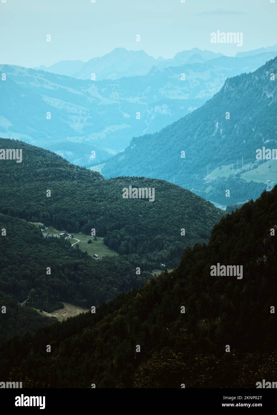 Beautiful summer views of the Alpine mountains. Mountain landscape. Tonal perspective. Swiss Alps, Switzerland Stock Photo