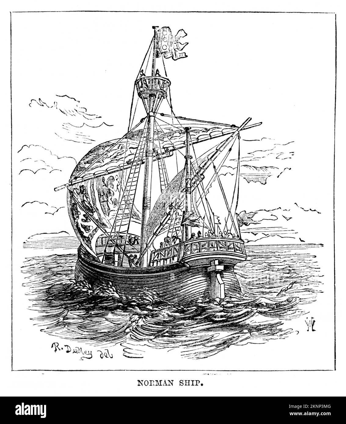 Engraving of a Norman ship at sea, circa 1880 Stock Photo