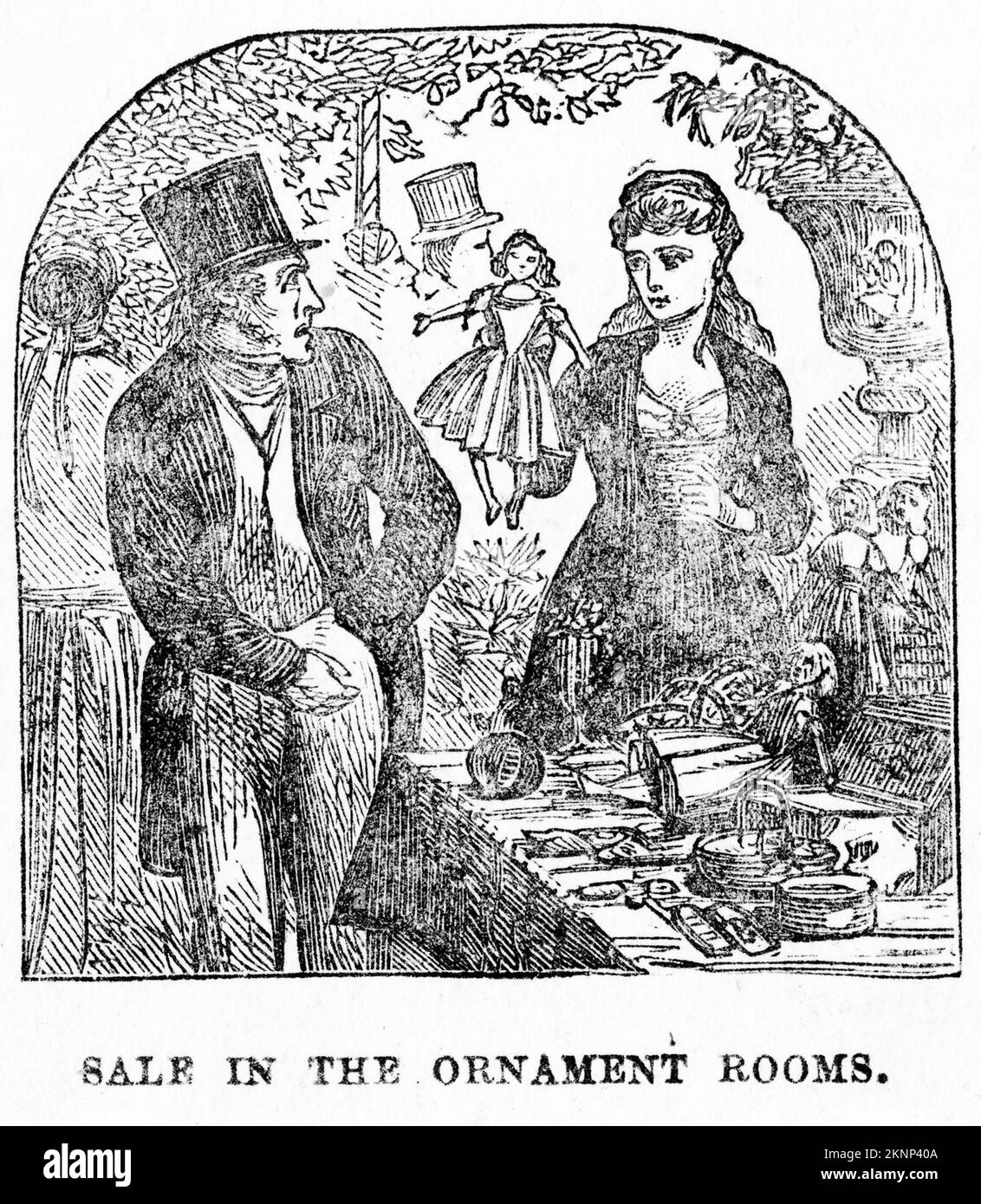 Engraving of a man buying ornaments from the nunnery, from the Awful Disclosures of Maria Monk, circa 1890 Stock Photo