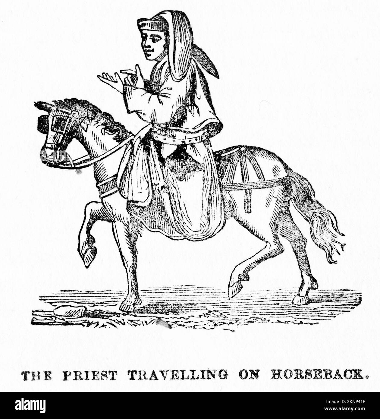 Engraving of a priest travelling on horseback, from the Awful Disclosures of Maria Monk, circa 1890 Stock Photo
