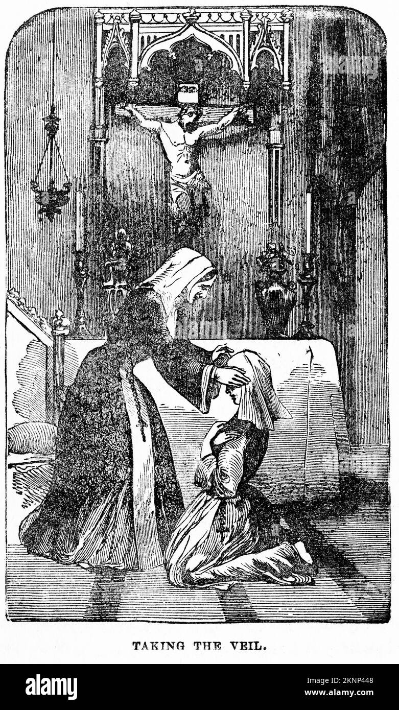 Engraving of Maria Monk taking the veil, circa 1890 Stock Photo
