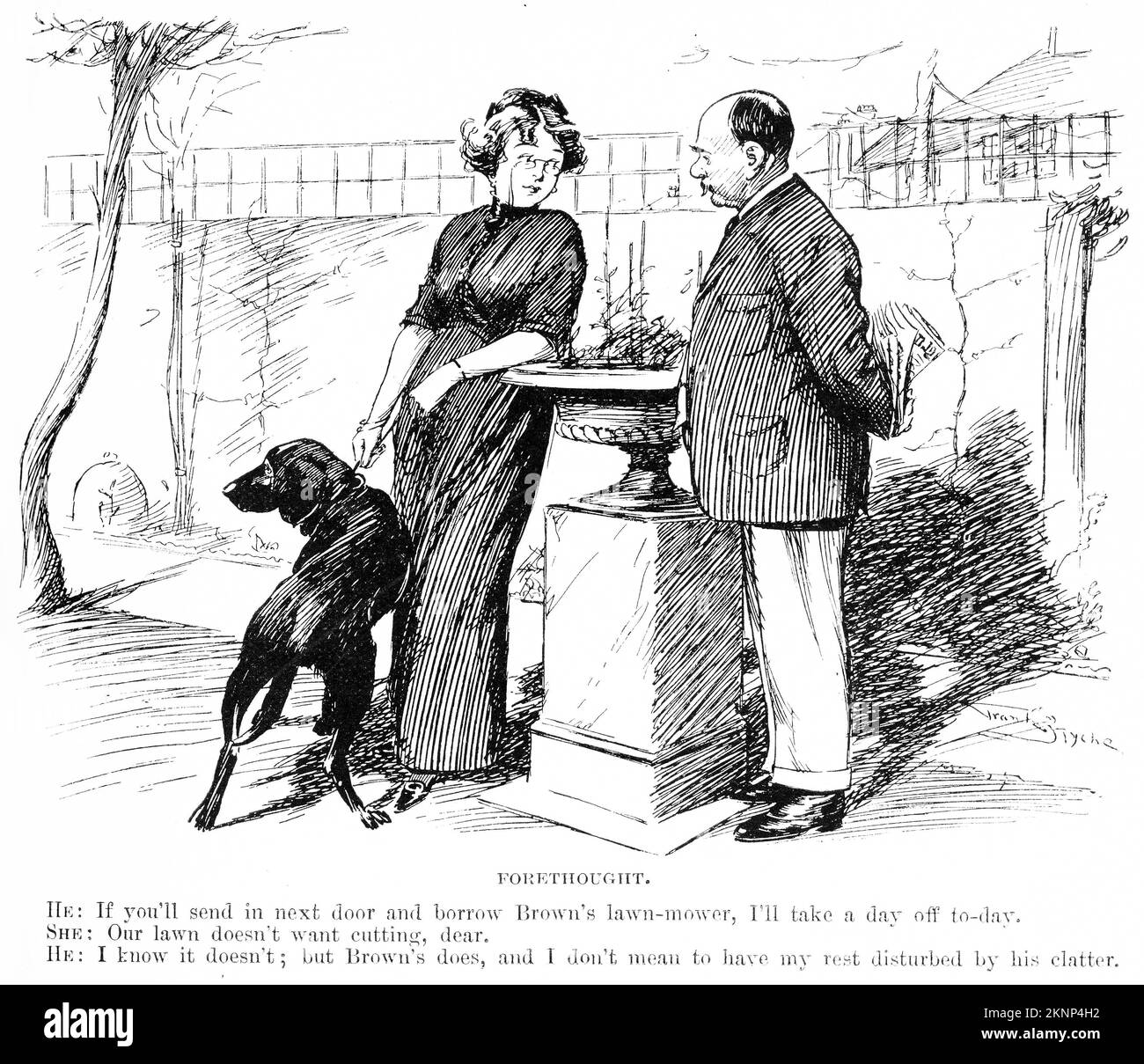 Engraving of a married couple talking about how to get a rest from their noisy neighbours, circa 1890 Stock Photo