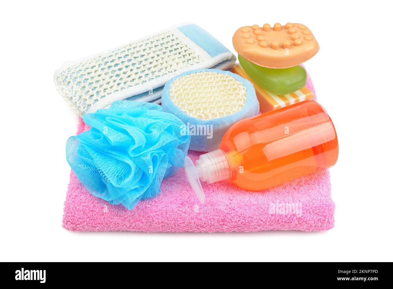 Towel, soap, shampoo, sponge isolated on white Stock Photo