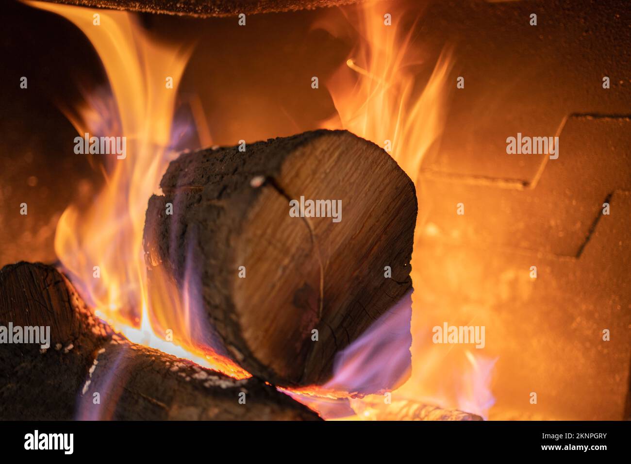 Fireplace. Burning oak wood. biomass and fuel concept. Energy crisis
