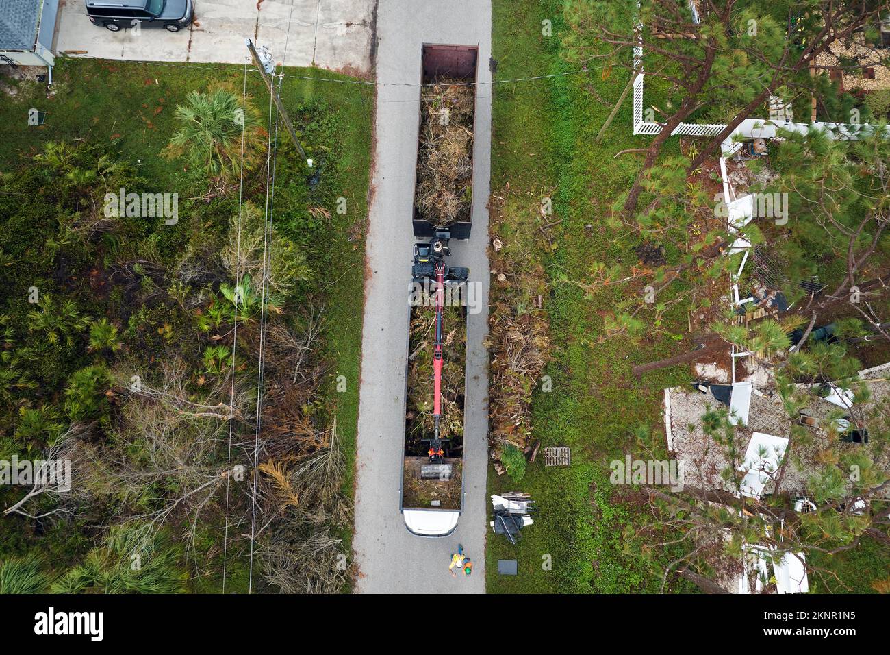 Aerial view of Hurricane Ian special aftermath recovery dump truck