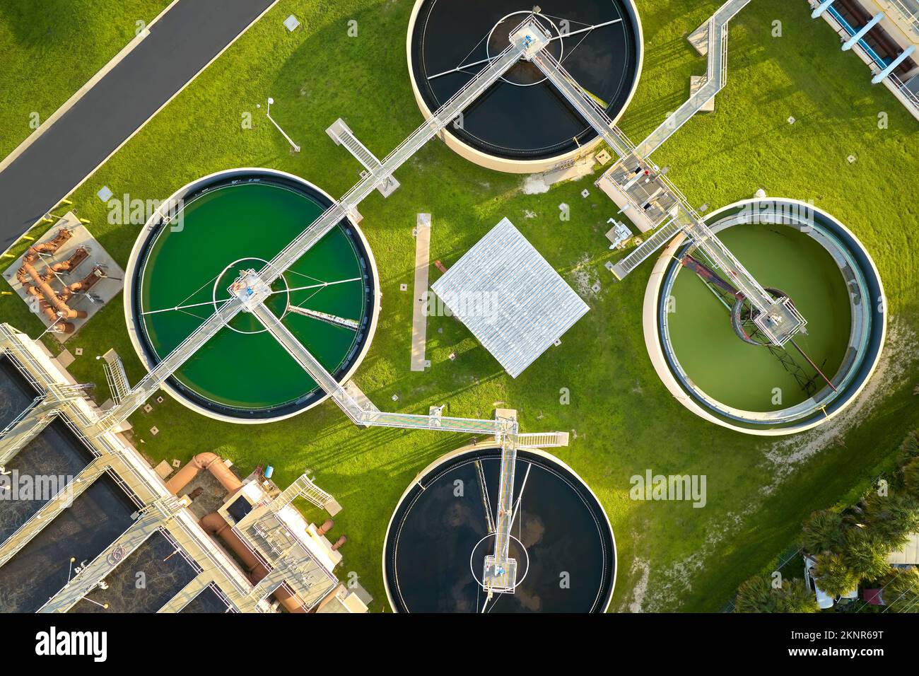 Aerial view of modern water cleaning facility at urban wastewater
