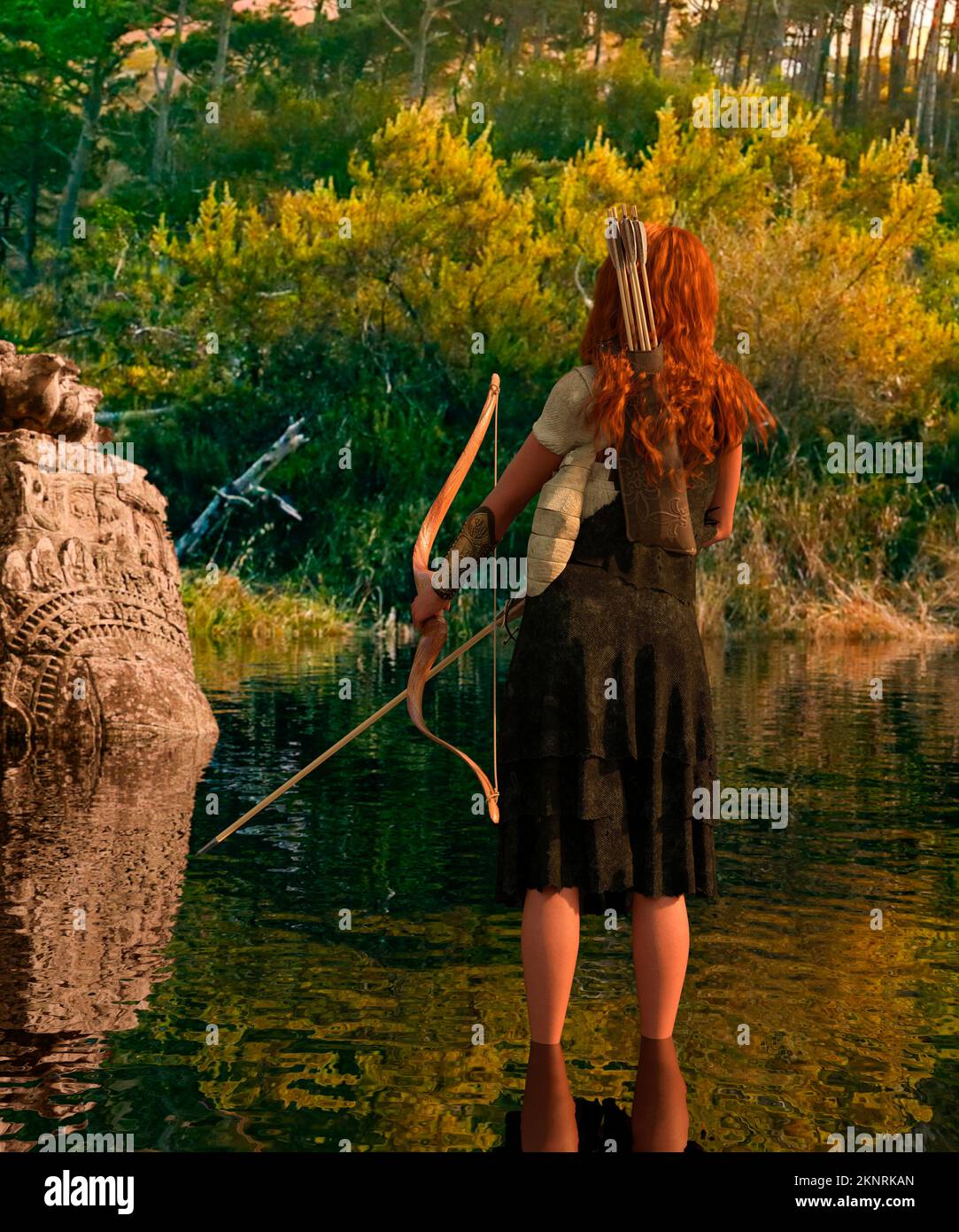 Woman archer with an arrow and bow in front of a temple in the jungle ...
