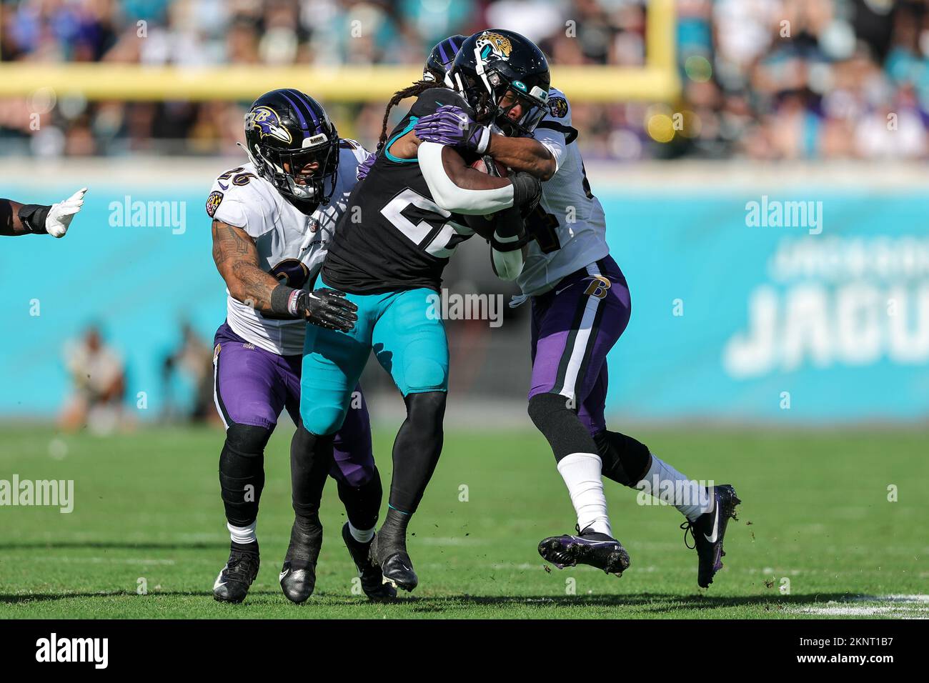 November 27, 2022: Jacksonville Jaguars running back JaMycal Hasty (22)  scores during a game against the Baltimore Ravens in Jacksonville, FL.  Romeo T Guzman/CSM/Sipa USA.(Credit Image: © Romeo Guzman/Cal Sport  Media/Sipa USA