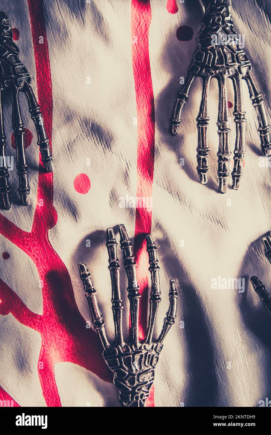 Sci fi still life photograph on droid hands scanning a war torn loincloth of death. Robot killing machines Stock Photo