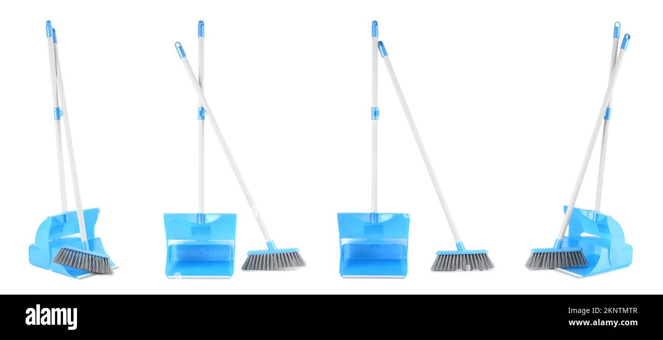 Set of dustpans with brooms isolated on white Stock Photo Alamy
