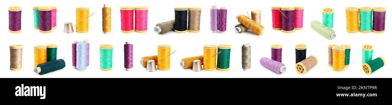 Group of colorful thread spools on white background Stock Photo - Alamy