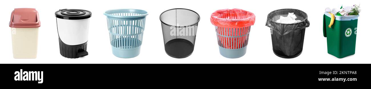 Set of rubbish bins with garbage on white background Stock Photo