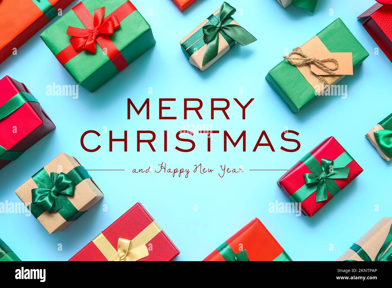 Greeting card for Christmas and New Year with many gift boxes on light ...