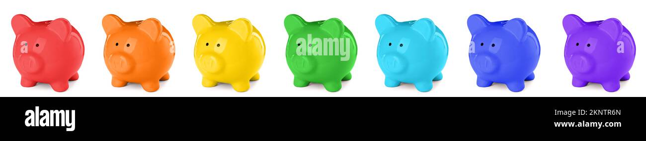 Collage of colorful piggy banks on white background Stock Photo - Alamy