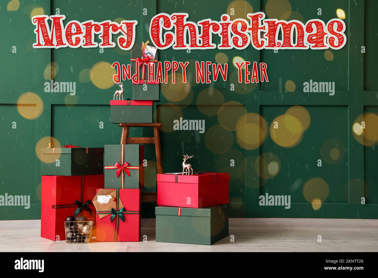Greeting card for Christmas and New Year with many gift boxes Stock ...