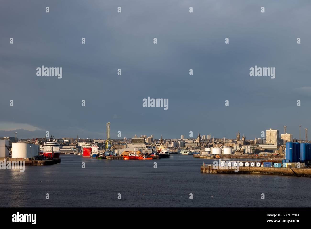 25 November 2022. Aberdeen, Scotland. This is the view of Aberdeen City across the Harbour area at Torry. Stock Photo
