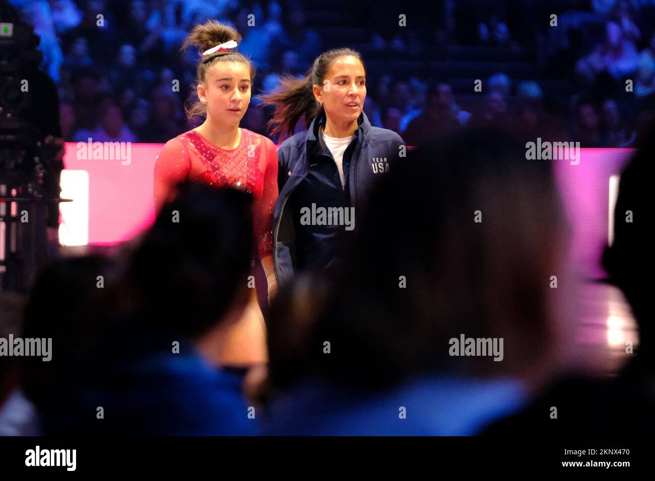 November 27, 2022, Zurich, Switzerland: American Addison Fatta and her coach,  the mother Jen, after performing her vault exercise at first round during  Swiss Cup Zurich 2022 gymnastics tournament at Hallenstadion. (Credit