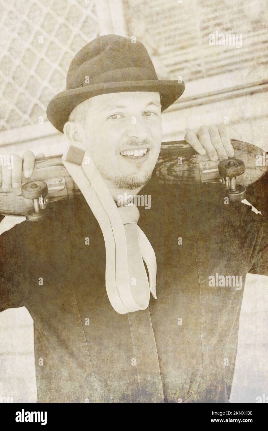 Vintage textured portrait of a skateboarding boy wearing shirt and tie