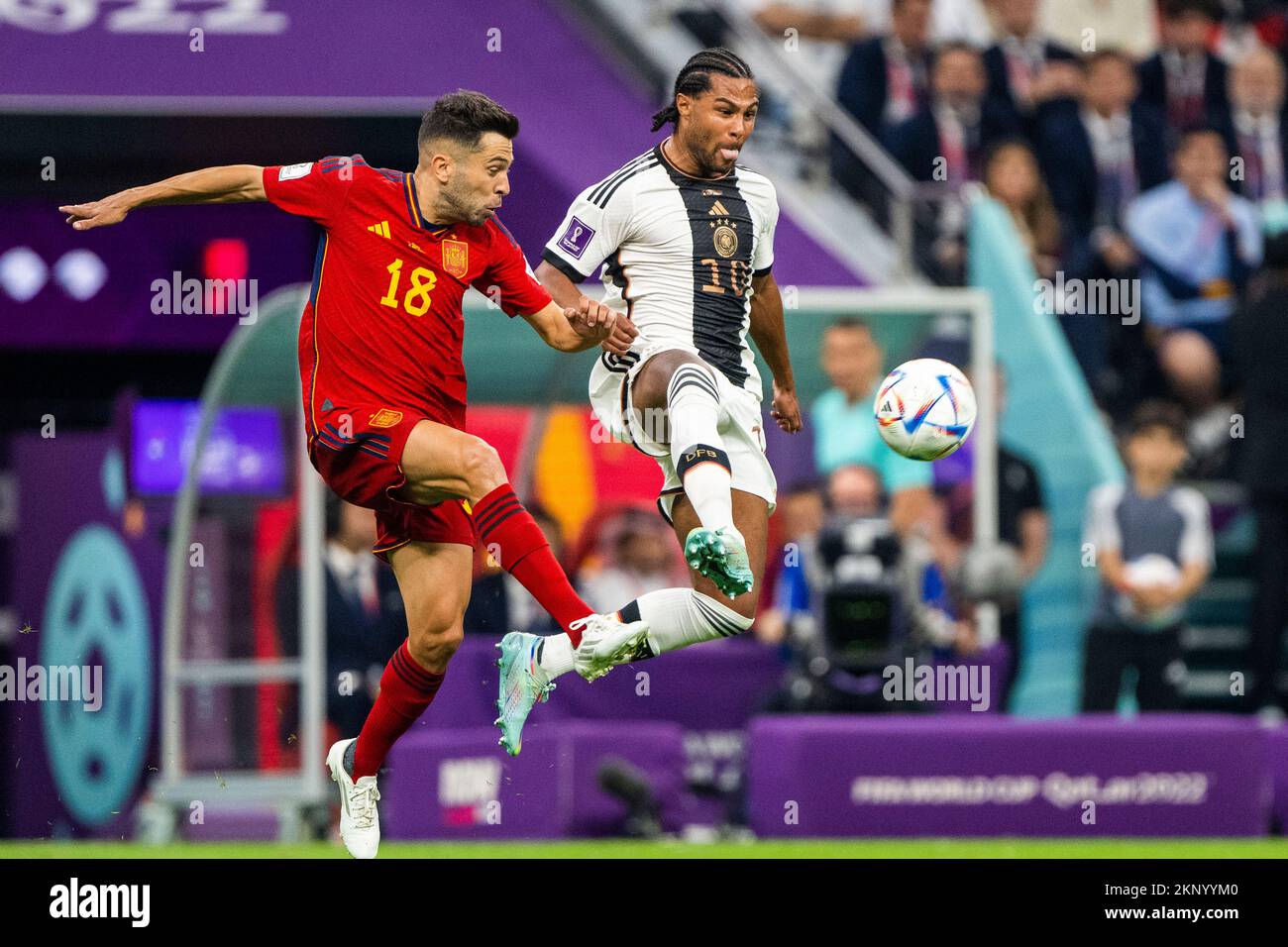 AL-KHOR, AK - 27.11.2022: SPAIN VS GERMANY - Serge Gnabry of Germany and Jordi Alba of Spain during a match between Spain and Germany, valid for the group stage of the World Cup, held at Al Bayt Stadium in Al-Khor, Qatar. (Photo: Richard Callis/Fotoarena/Sipa USA) Stock Photo