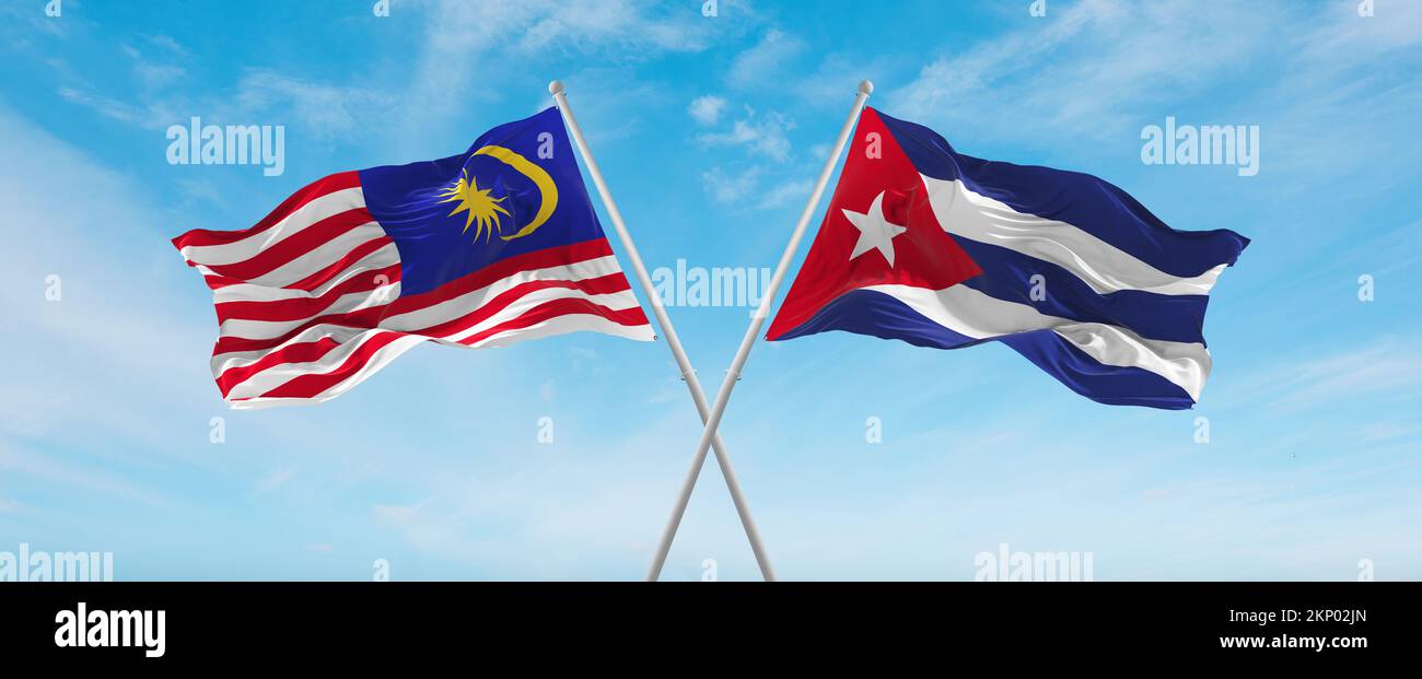 two crossed flags Cuba and Malaysia waving in wind at cloudy sky. Concept of relationship, dialog, travelling between two countries. 3d illustration Stock Photo