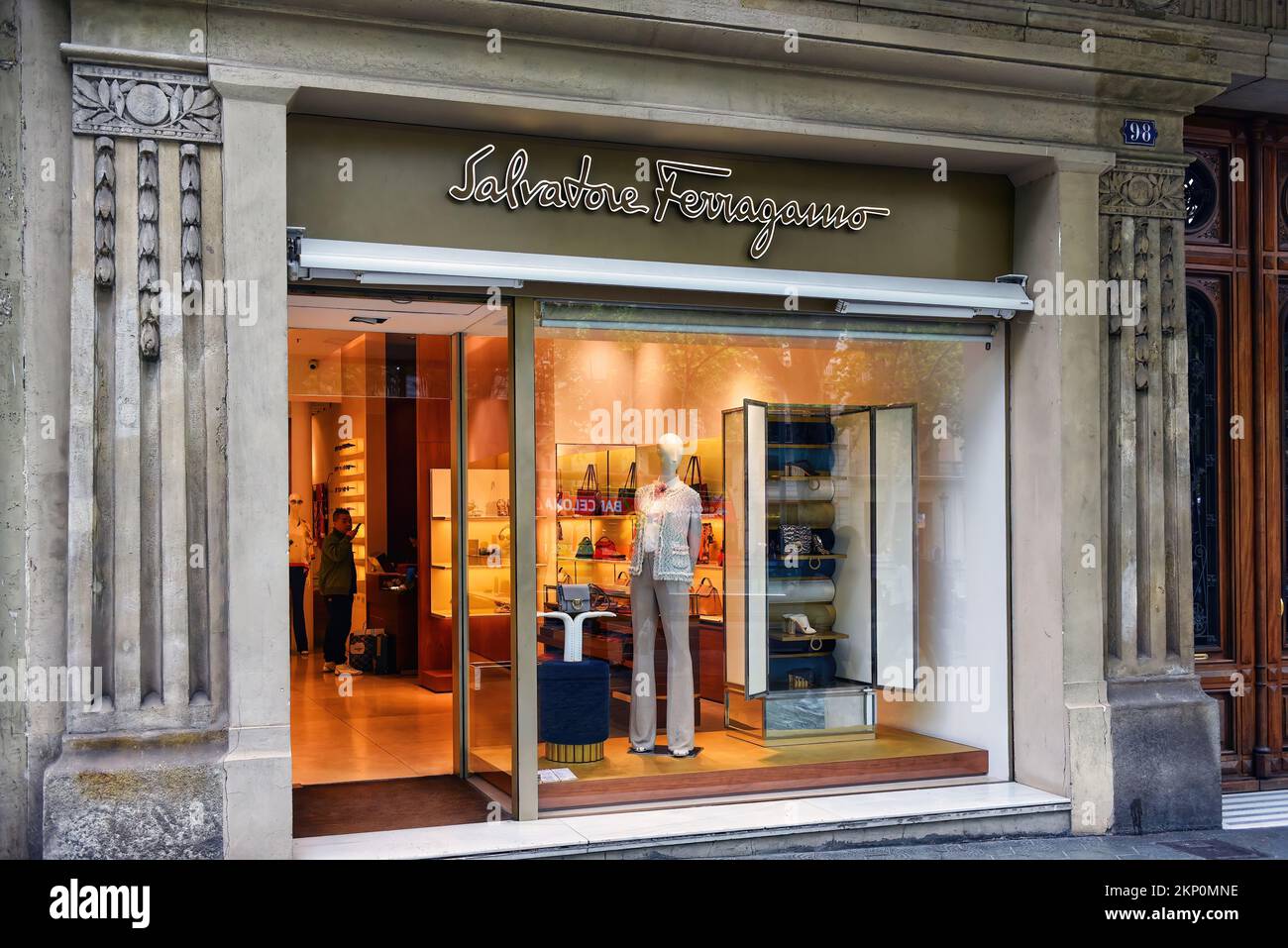 Barcelona, Spain - May 5, 2018:  Salvatore Ferragamo, the Italian high-end luxury goods house founded in Florence in 1927, store on Passeig de Gràcia, Stock Photo