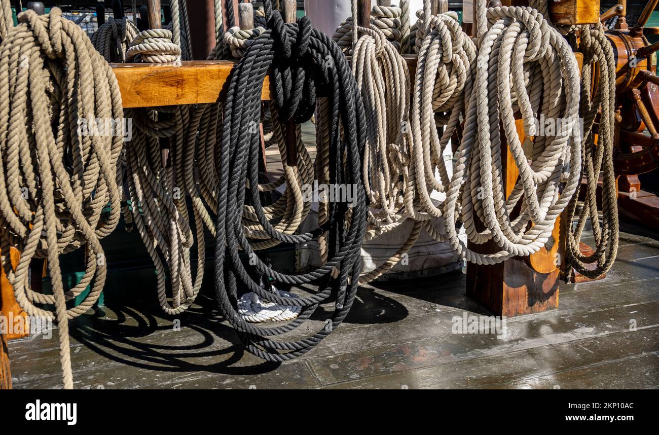 ropes used for rigging the sails on the USS Constitution Stock Photo