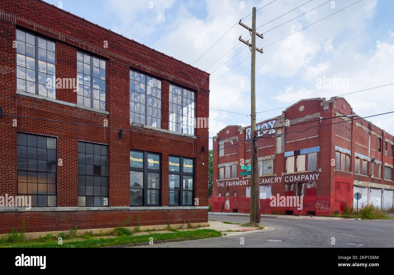 Historic factory and office buildings in Michigan at the corner of