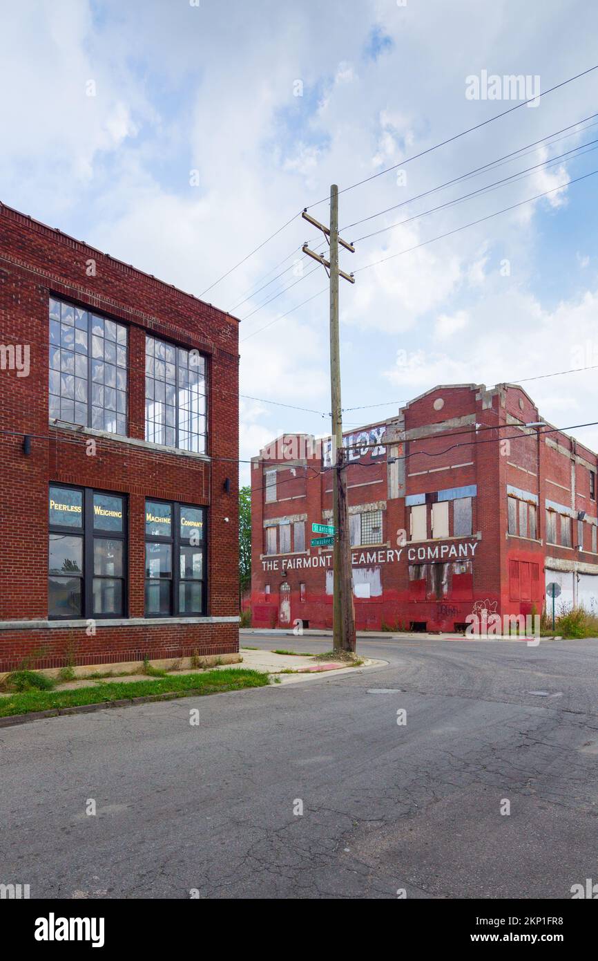 Historic factory and office buildings in Michigan at the corner of