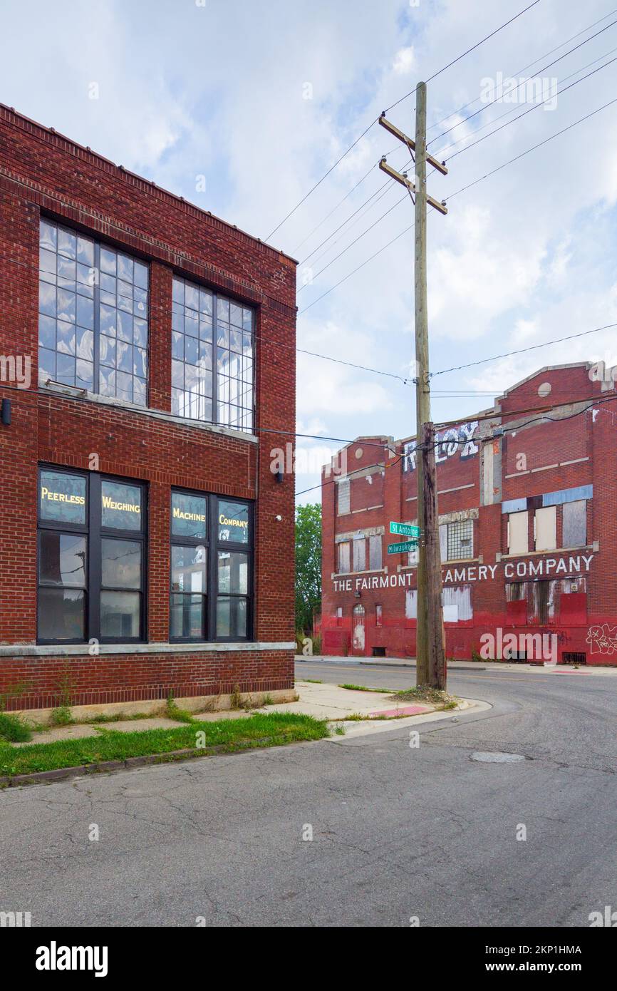 Historic factory and office buildings in Michigan at the corner of