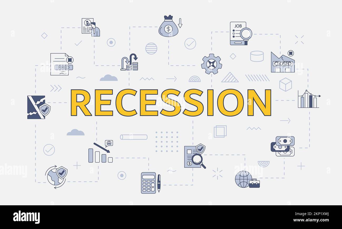 recession concept with icon set with big word or text on center vector ...