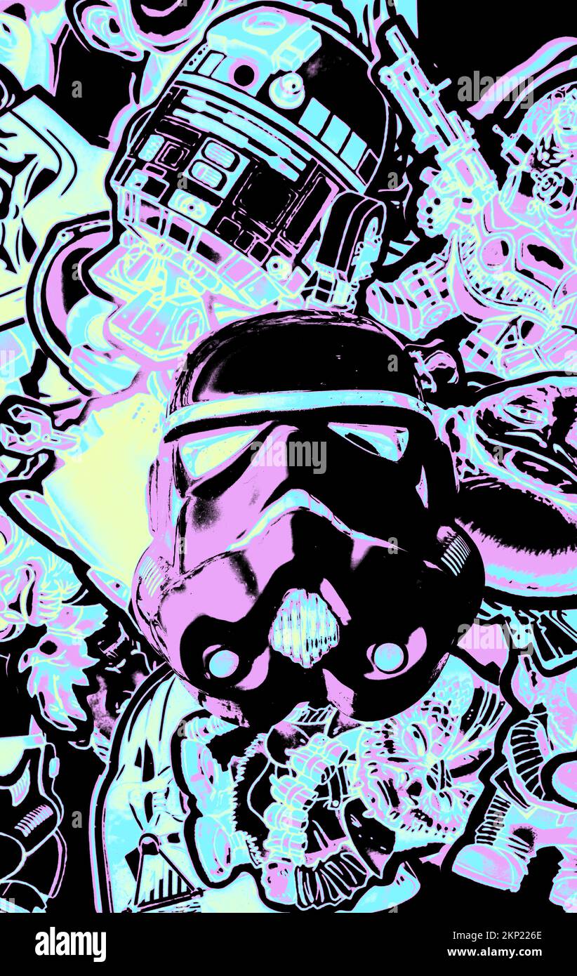 Pop art movie design on a battlefront of cinematic sci-fi characters in creative style Stock Photo