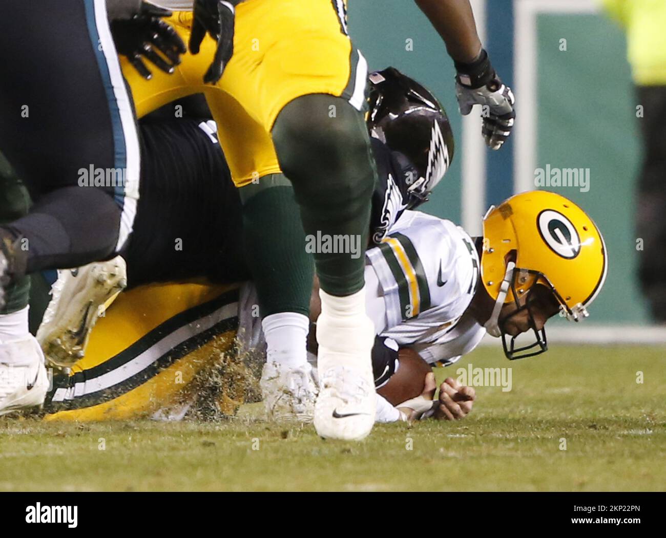 Philadelphia, United States. 27th Nov, 2022. Green Bay Packers Aaron Rodgers is sacked by Philadelphia Eagles Fletcher Cox in the 2nd quarter in week 12 of the NFL season at Lincoln Financial Field in Philadelphia on Sunday, November 27, 2022 Photo by John Angelillo/UPI Credit: UPI/Alamy Live News Stock Photo