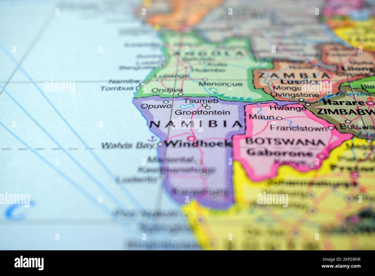 Namibia Travel Concept Country Name On The Political World Map Very Namibia Travel Concept Country Name On The Political World Map Very Macro Close Up View Stock Photograph 2KP28NR