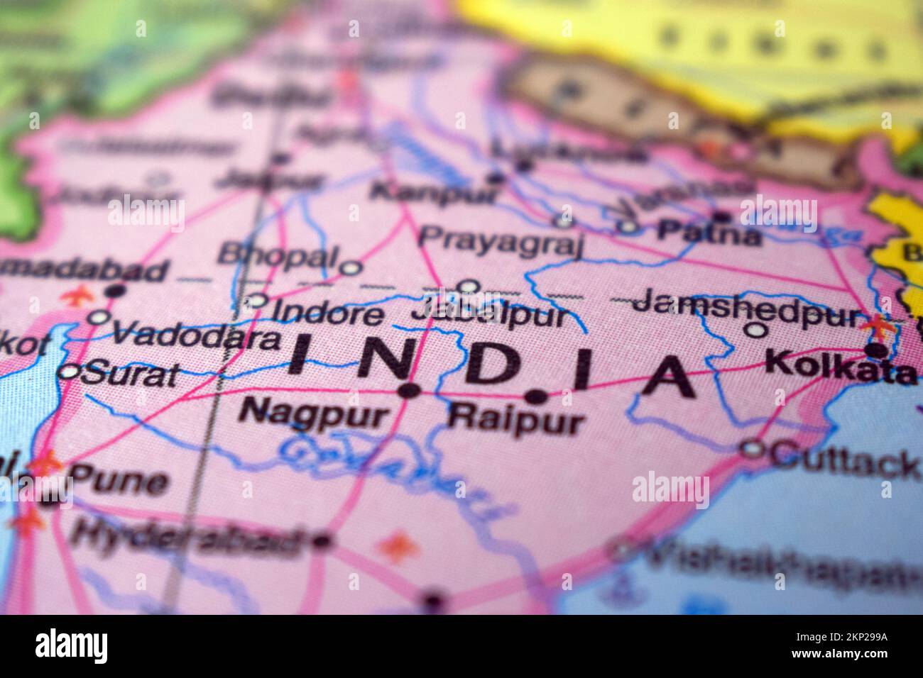 India Travel Concept Country Name On The Political World Map Very Macro Close-Up View Stock Photograph Stock Photo