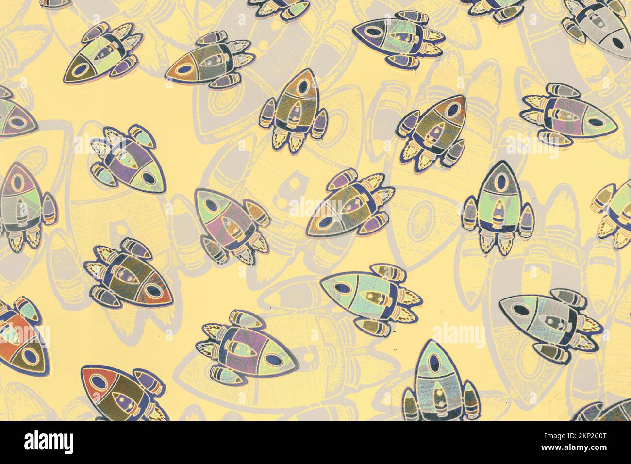 A retro space shuttle transit in abstract childhood design. Overlaid orbits Stock Photo