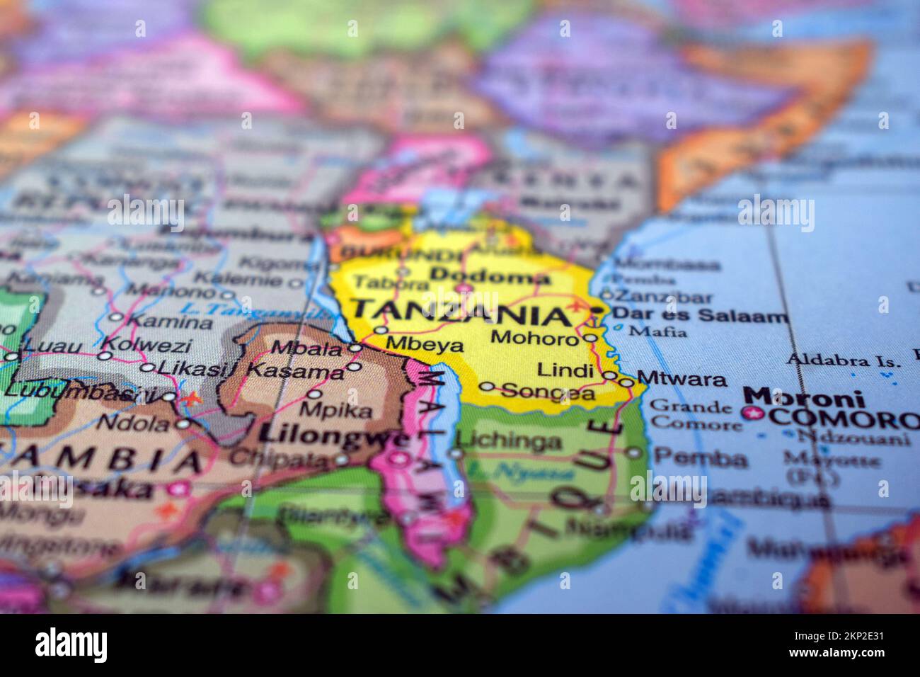 Tanzania Travel Concept Country Name On The Political World Map Very Tanzania Travel Concept Country Name On The Political World Map Very Macro Close Up View Stock Photograph 2KP2E31